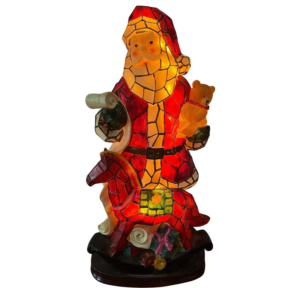 VTG Santa Claus Plastic Luminous Lighted Christmas Figure w/Faux Stain Glass 19